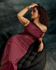 Sexy Sanya Malhotra in a Maroon Ruched Side Split Midi Dress Pictures 01