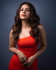 Sexy Shraddha Das in a Red Midi Dress Photos 01