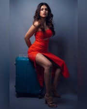 Sexy Shraddha Das in a Red Midi Dress Photos 02