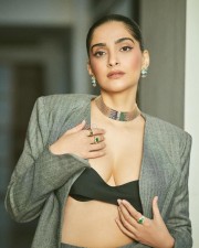 Sexy Sonam Kapoor in a Black Bralette with Full Sleeve Grey Blazer and Black Skirt Photos 01