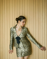 Striking Sanya Malhotra Legs in a Gold And Black Brocade Deep V Blazer Mini Dress With Sequin Bow Photos 04 Striking Sanya Malhotra Legs in a Gold And Black Brocade Deep V Blazer Mini Dress With Sequin Bow Photos 04