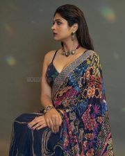 Stunning Shraddha Das in a Blue Abstract Floral Printed Saree with a Matching Sleeveless Blouse Photos 01