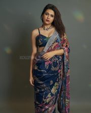 Stunning Shraddha Das in a Blue Abstract Floral Printed Saree with a Matching Sleeveless Blouse Photos 02