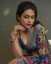 Stunning Shraddha Das in a Blue Abstract Floral Printed Saree with a Matching Sleeveless Blouse Photos 03