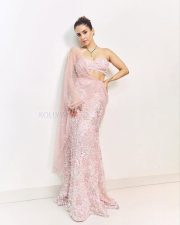 Stylish Sanya Malhotra in a Soft Pink Lehenga with a Strapless Blouse and Sheer Dupatta Photos 01