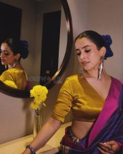 Thug Life Actress Sanya Malhotra in a Vibrant Purple and Pink Saree with a Yellow Golden Blouse Photos 01