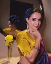 Thug Life Actress Sanya Malhotra in a Vibrant Purple and Pink Saree with a Yellow Golden Blouse Photos 02