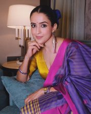 Thug Life Actress Sanya Malhotra in a Vibrant Purple and Pink Saree with a Yellow Golden Blouse Photos 03