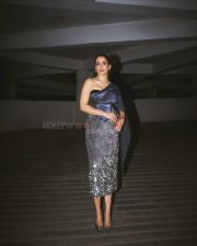 Toaster Actress Sanya Malhotra in a Liquid Fly Corset Dark Blue One Shoulder Bodycon Dress Pictures 02