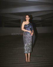 Toaster Actress Sanya Malhotra in a Liquid Fly Corset Dark Blue One Shoulder Bodycon Dress Pictures 02