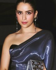 Toaster Actress Sanya Malhotra in a Liquid Fly Corset Dark Blue One Shoulder Bodycon Dress Pictures 03