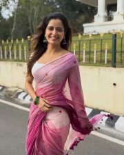 Vishwambhara Heroine Ashika Ranganath in a Light Pink Saree with Heart Prints and White Sleeveless Low Neck Blouse Photos 02