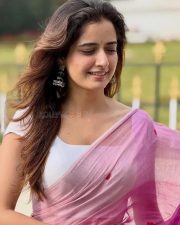 Vishwambhara Heroine Ashika Ranganath in a Light Pink Saree with Heart Prints and White Sleeveless Low Neck Blouse Photos 04
