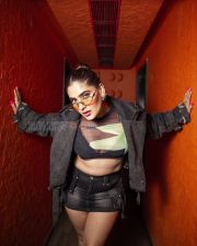 Bold Actress Karishma Sharma in a Black Graphic Crop Top and Leather Mini Skirt with Grey Jacket Photos 02 Bold Actress Karishma Sharma in a Black Graphic Crop Top and Leather Mini Skirt with Grey Jacket Photos 02