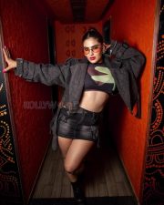 Bold Actress Karishma Sharma in a Black Graphic Crop Top and Leather Mini Skirt with Grey Jacket Photos 03 Bold Actress Karishma Sharma in a Black Graphic Crop Top and Leather Mini Skirt with Grey Jacket Photos 03