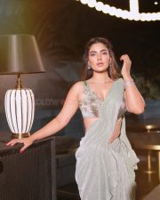 Sizzling Hot Karishma Sharma in a Silver Draped Party Saree with a Matching Sleeveless Blouse Pictures 02