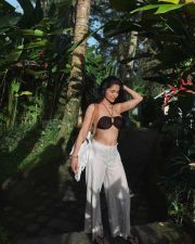 Alcohol Actress Ruhani Sharma in a Chocolate Brown Ruched Bandeau Bikini Top with a Halter Neck Tie with a Loose White Palazzo Pants Pictures 01