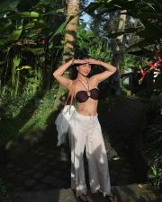 Alcohol Actress Ruhani Sharma in a Chocolate Brown Ruched Bandeau Bikini Top with a Halter Neck Tie with a Loose White Palazzo Pants Pictures 02