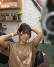 Charming Actress Sonam Bajwa in a Brown Graphic Oversized Tee Photos 04