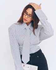 Classy Sonam Bajwa in a Grey and White Pinstriped Button Down Shirt with a Matching Necktie and Black High Waisted Trousers Pictures 01