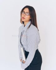 Classy Sonam Bajwa in a Grey and White Pinstriped Button Down Shirt with a Matching Necktie and Black High Waisted Trousers Pictures 03