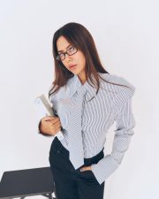 Classy Sonam Bajwa in a Grey and White Pinstriped Button Down Shirt with a Matching Necktie and Black High Waisted Trousers Pictures 04