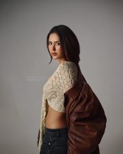 Dazzling Sonam Bajwa in a Beige Lace Crochet Crop Top with Black Denim Photos 01