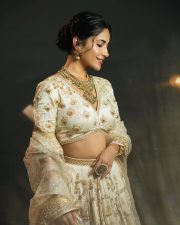 Elegant Actress Ruhani Sharma in a White Embroidered Lehenga Photos 02
