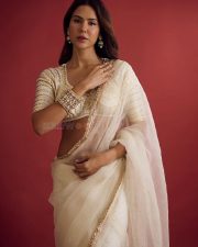 Elegant and Sexy Sonam Bajwa in an Off White Saree with Gold Embroidery and Gota Patti Blouse Photos 03