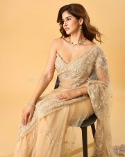 Glamorous Actress Sakshi Malik in a Cream Embroidered Net Saree Photos 02