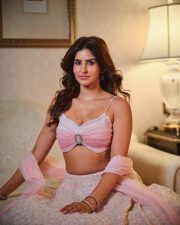 Glamorous Actress Sakshi Malik in a pink and white embellished sweetheart crop top with lace trim photos 05