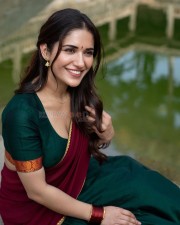 Glamorous Ruhani Sharma in a Maroon Half Saree with Green Blouse Pictures 02