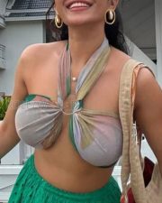 Hot Ruhani Sharma Boobs in a Revealing Scarf Top and Green Maxi Skirt Pictures 04