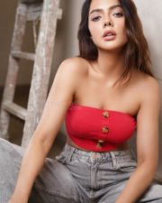 Hot Ruhi Singh in a Red Strapless Crop Top with Grey Jeans Photos 03