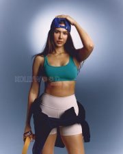 Powerful Actress Sonam Bajwa in a Teal Sports Bra and White Shorts Photos 03