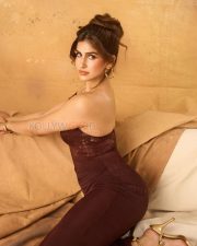 Seductive Actress Sakshi Malik in a Burgundy Off Shoulder Lace Dress Photos 06
