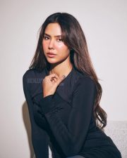 Sexy Sonam Bajwa in a in a Long Sleeve Black Mini Dress with Sheer Stockings Pictures 04