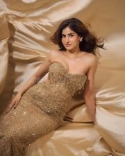 Sparkling Actress Sakshi Malik in a Gold Sequin Strapless Gown Photos 05