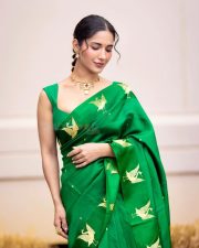 Stunning Ruhani Sharma in an Emerald Green Saree with Golden Peacock Design Photos 08
