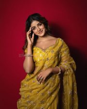 Tollywood Heroine Dimple Hayathi in a Yellow Organza Saree with Matching Short Sleeved Blouse Photos 02