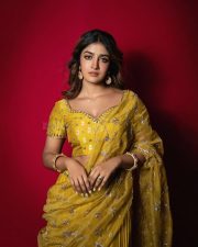 Tollywood Heroine Dimple Hayathi in a Yellow Organza Saree with Matching Short Sleeved Blouse Photos 03