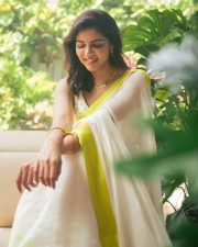 Cute Kalyani Priyadarshan in a White Saree with Green Border Photos 02 Cute Kalyani Priyadarshan in a White Saree with Green Border Photos 02