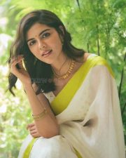 Cute Kalyani Priyadarshan in a White Saree with Green Border Photos 04 Cute Kalyani Priyadarshan in a White Saree with Green Border Photos 04
