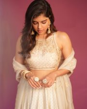 Elegant Actress Kalyani Priyadarshan in a champagne embellished saree with ornate gold earrings photos 01
