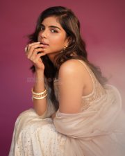 Elegant Actress Kalyani Priyadarshan in a champagne embellished saree with ornate gold earrings photos 02