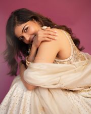 Elegant Actress Kalyani Priyadarshan in a champagne embellished saree with ornate gold earrings photos 06