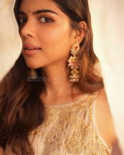 Elegant Actress Kalyani Priyadarshan in a champagne embellished saree with ornate gold earrings photos 09