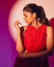 Hot Kalyani Priyadarshan in a Red Ruffle Saree with Sleeveless Blouse Photos 02