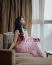 Enchanting Sanam Shetty Cleavage in a Pink Sheer Sequin Saree with Deep V Satin Blouse Photos 01