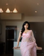 Enchanting Sanam Shetty Cleavage in a Pink Sheer Sequin Saree with Deep V Satin Blouse Photos 02